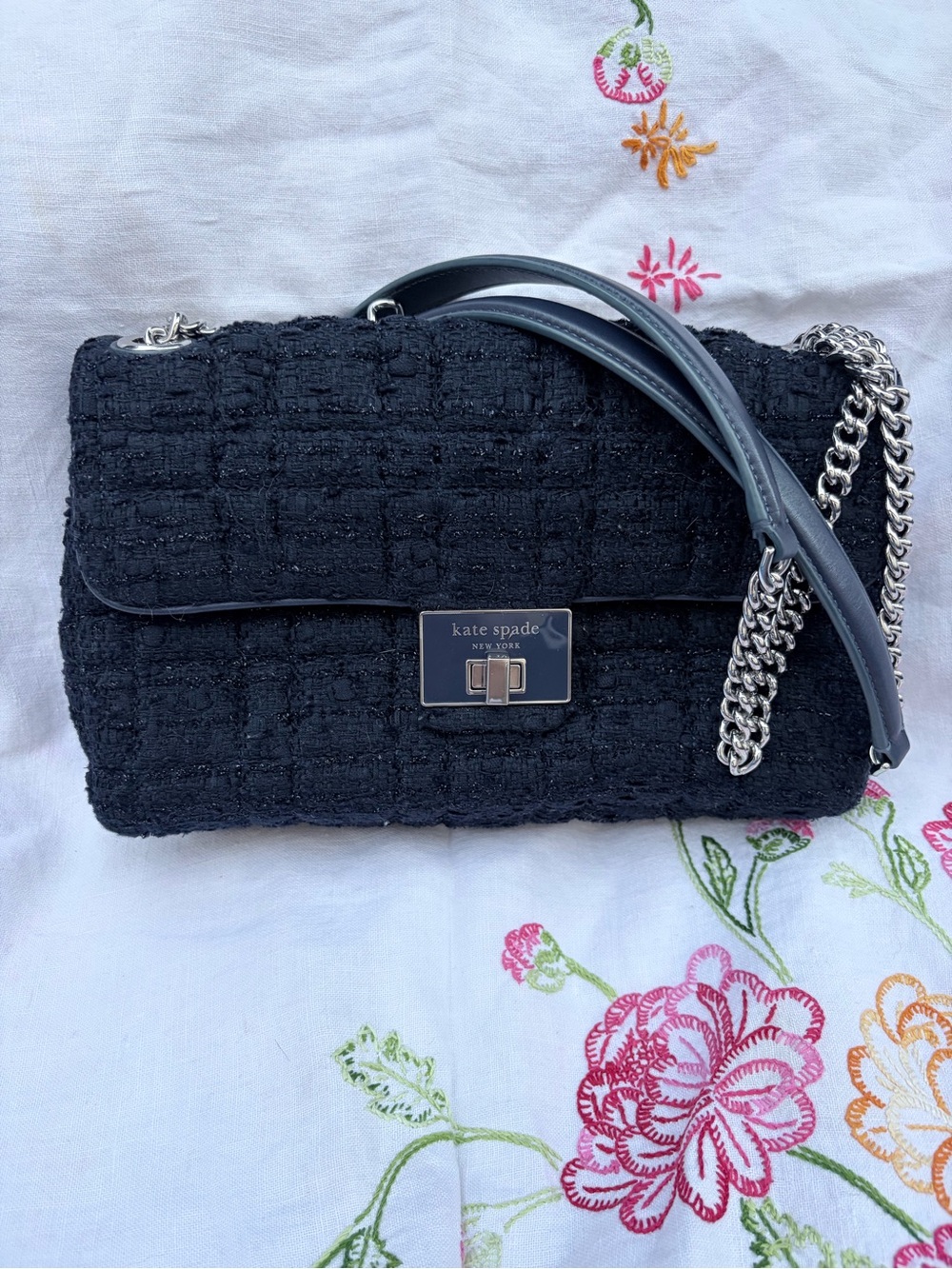kate spade  navy blue Tweed Chain Shoulder Bag with Silver Hardware